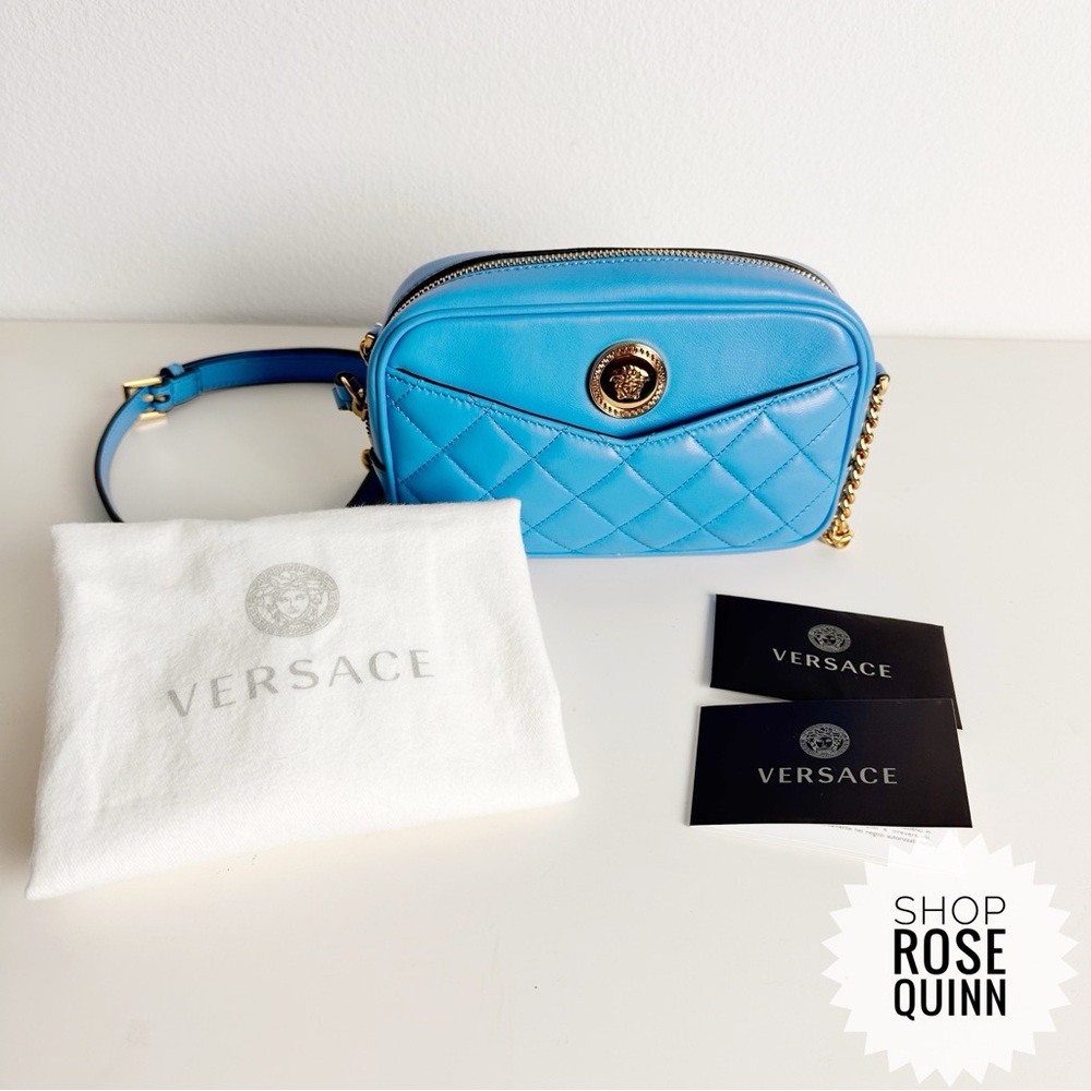 VERSACE | All- Inclusive La Medusa Blue Quilted Lamb Leather Chain Crossbody